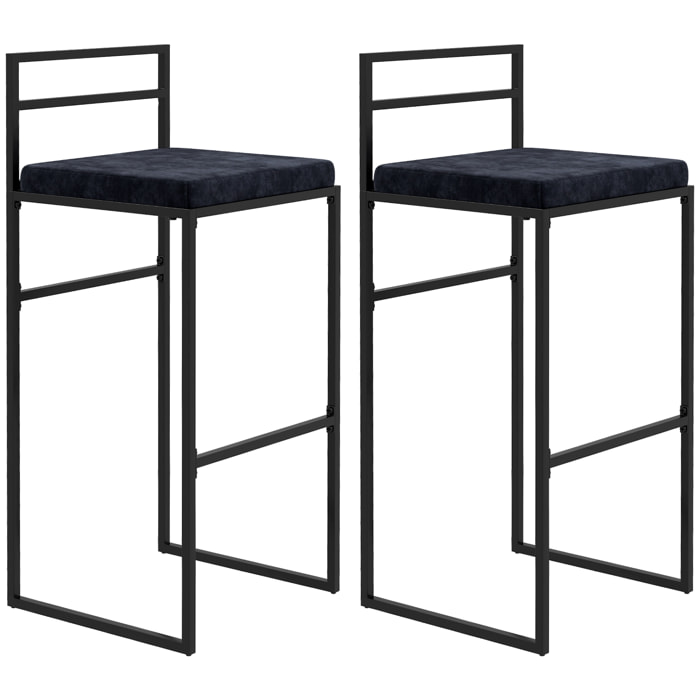 Lot de 2 tabourets de bar design - coussin, repose-pied, dossier intégrés - acier velours noir