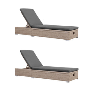 Lot de 2 bains de soleil résine tressée. coussins polyester gris. multi positions