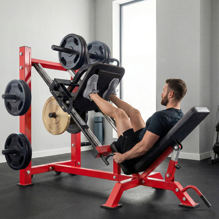 Presse à cuisses leg press machine pro 455kg compatible disques 25/50mm noir rouge