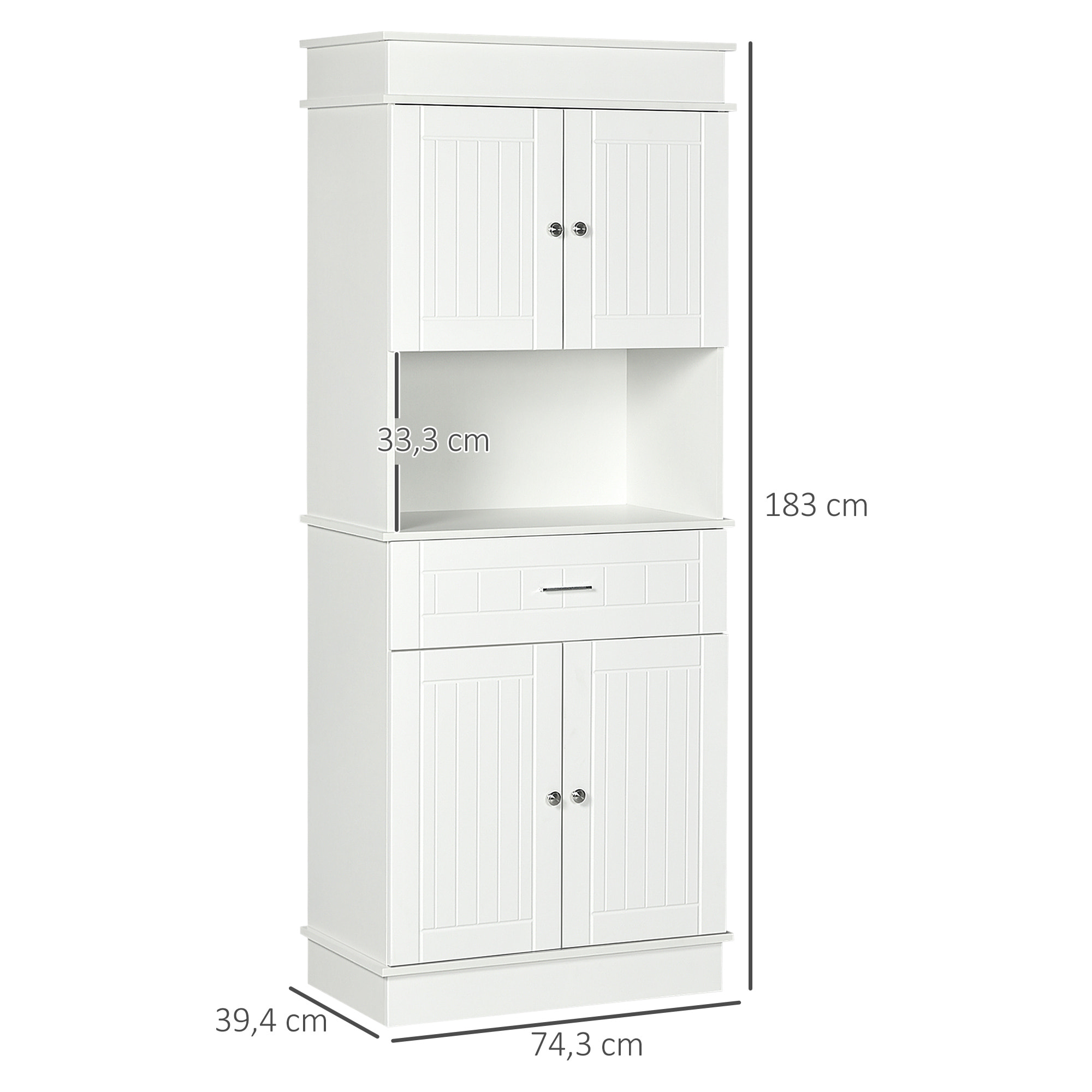 Armoire de cuisine contemporaine multi-rangement 4 portes tiroir coulissant et grand plateau dim. 74L x 39l x 183H cm panneaux particules MDF blanc