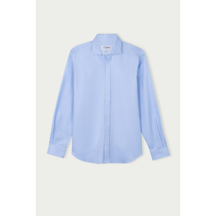 Camicia Uomo 1 Bottone Francese Twill Riga Media Celeste/Bianco