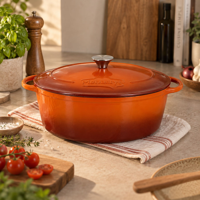 Cocotte ovale montagne 4l en fonte émaillé brique