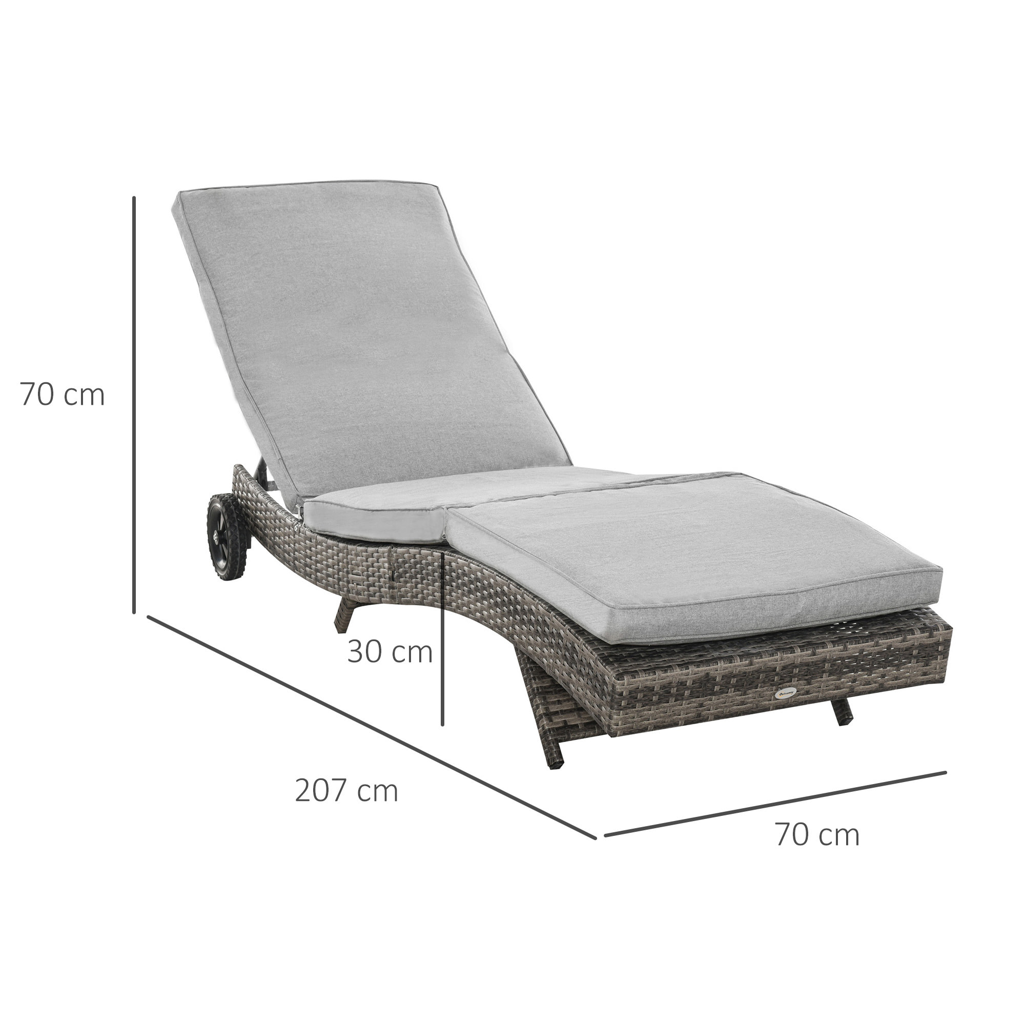 Tumbona de Ratán Reclinable Tumbona de Jardín en Forma de S con 2 Ruedas Respaldo Ajustable en 5 Posiciones y Cojín Extraíble para Patio Terraza 207x70x70 cm Gris