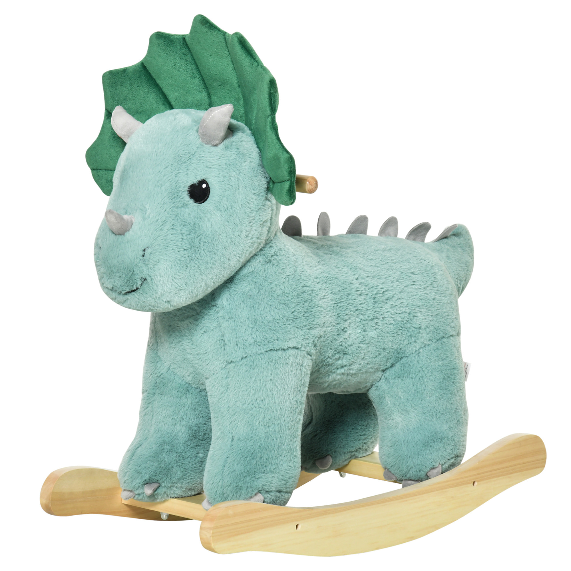 Jouet à bascule dinosaure effet sonore rugissement bois peuplier peluche courte polyester vert d'eau