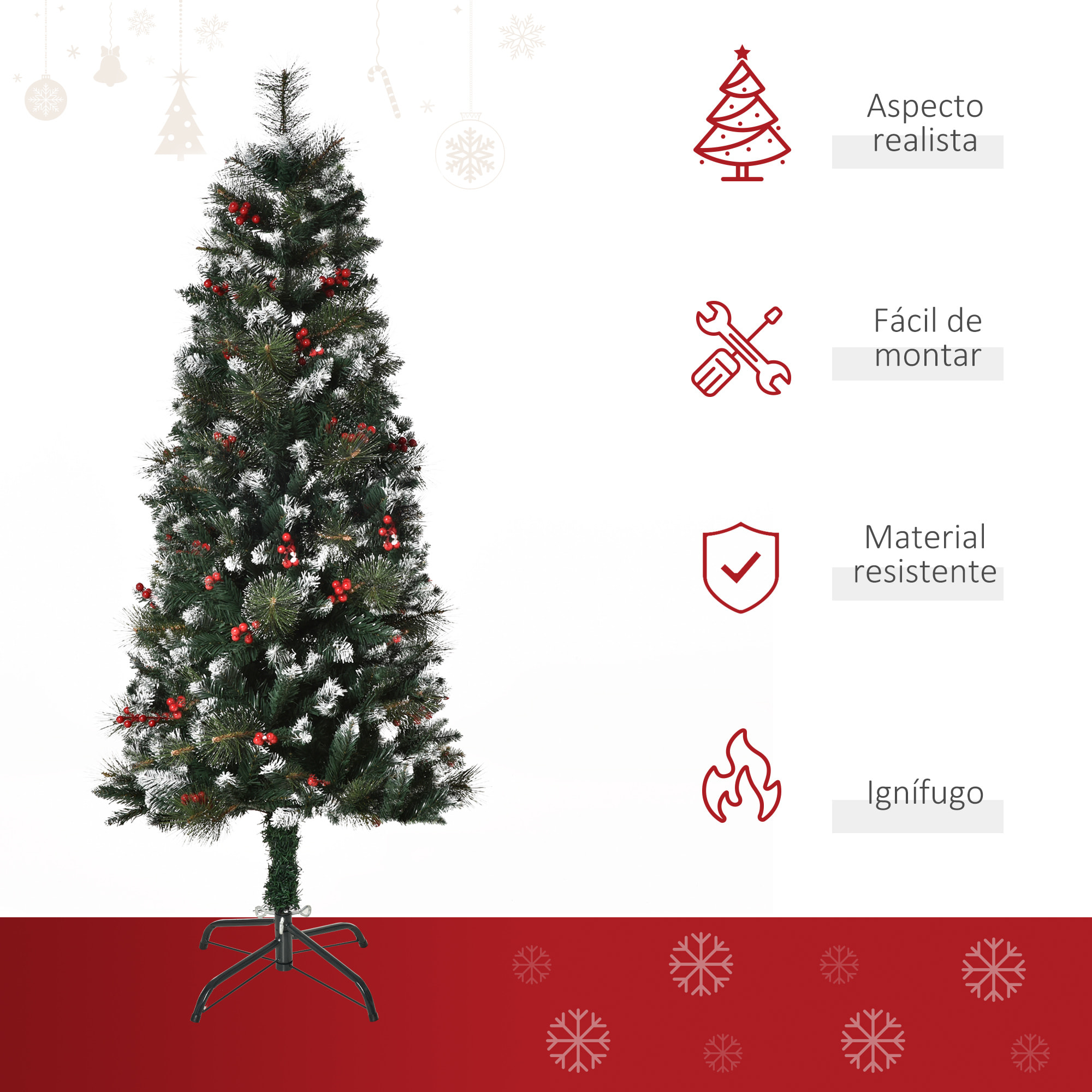 árbol de Navidad Artificial con Nieve 150 cm Ignífugo con 360 Ramas 38 Bayas Base Plegable y Soporte Metálico Decoración Navideña para Interiores Verde