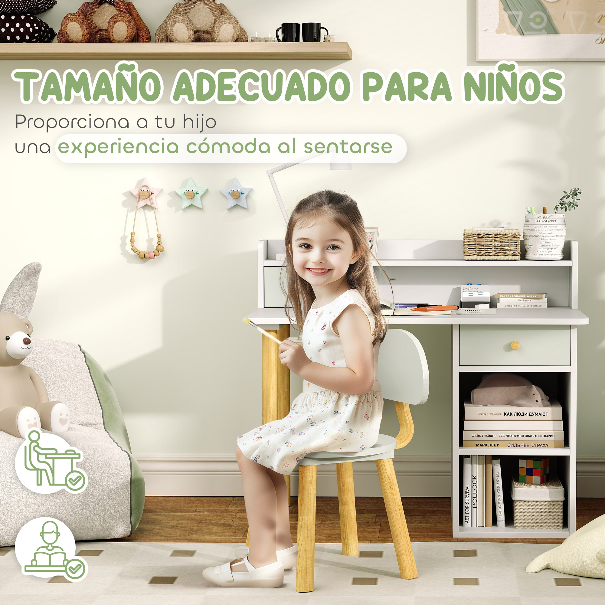 Juego de Escritorio y Silla para Niños de +3 Años Pupitre Infantil con Cajones Compartimento y Estantes para Dormitorio Sala Estudio Verde y Blanco