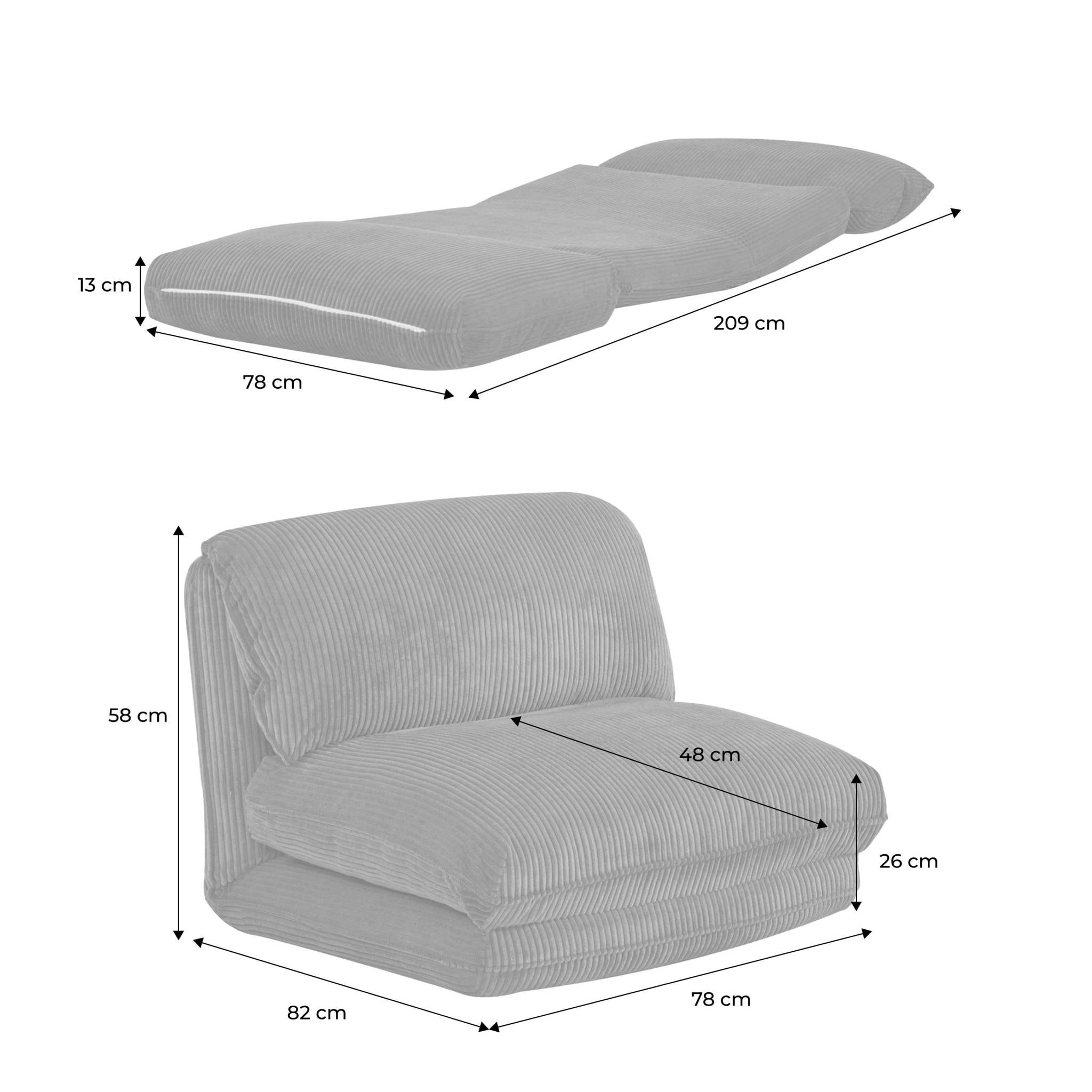 Chauffeuse matelas gris convertible velours côtelé grosse côte 1 place Cosy