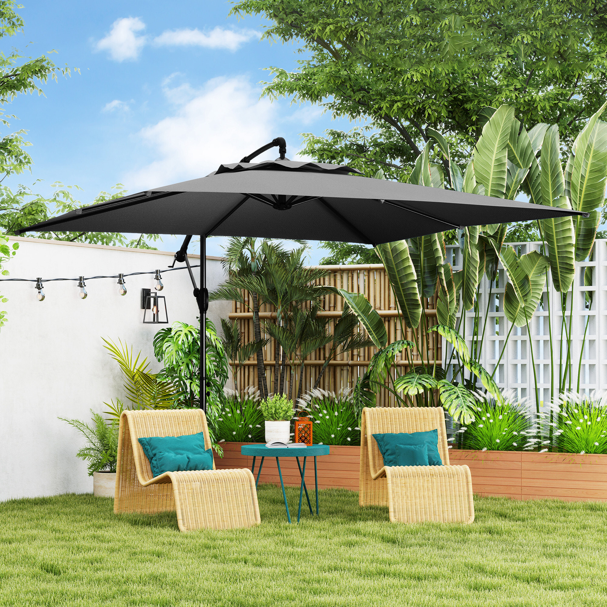 Parasol déporté carré 3 x 3 m réglable piètement croix manivelle tissu haute densité 180g/m² UPF50+ gris