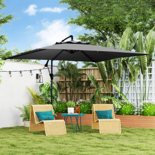 Parasol déporté carré 3 x 3 m réglable piètement croix manivelle tissu haute densité 180g/m² UPF50+ gris