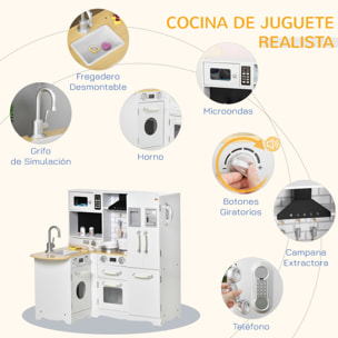 Cocina de Juguete de Madera para Niños de +3 Años con Sonidos 14 Accesorios Cocinita Infantil con Teléfono Fregadero Extraíble Microondas y Grifo 82x65x87 cm Blanco