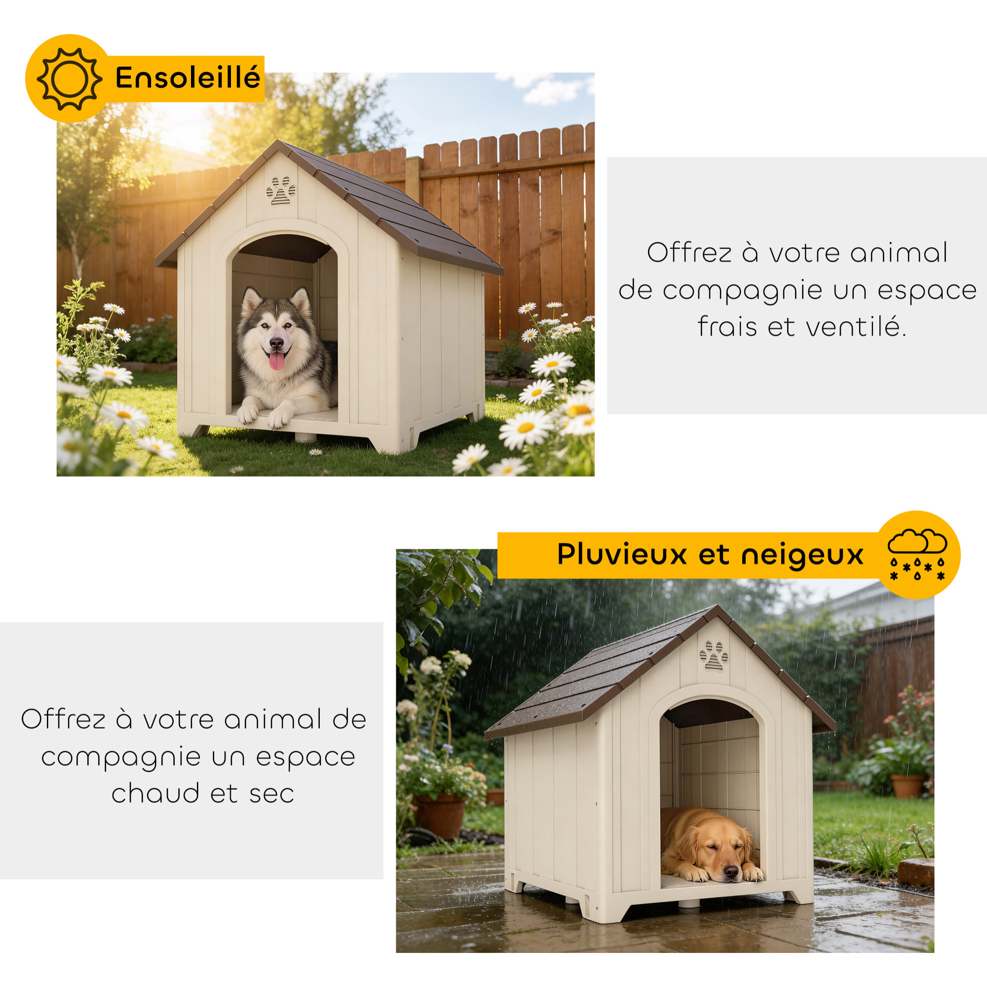 Niche chien plastique effet bois design chalet - 88 x 79 x 89 cm - beige marron