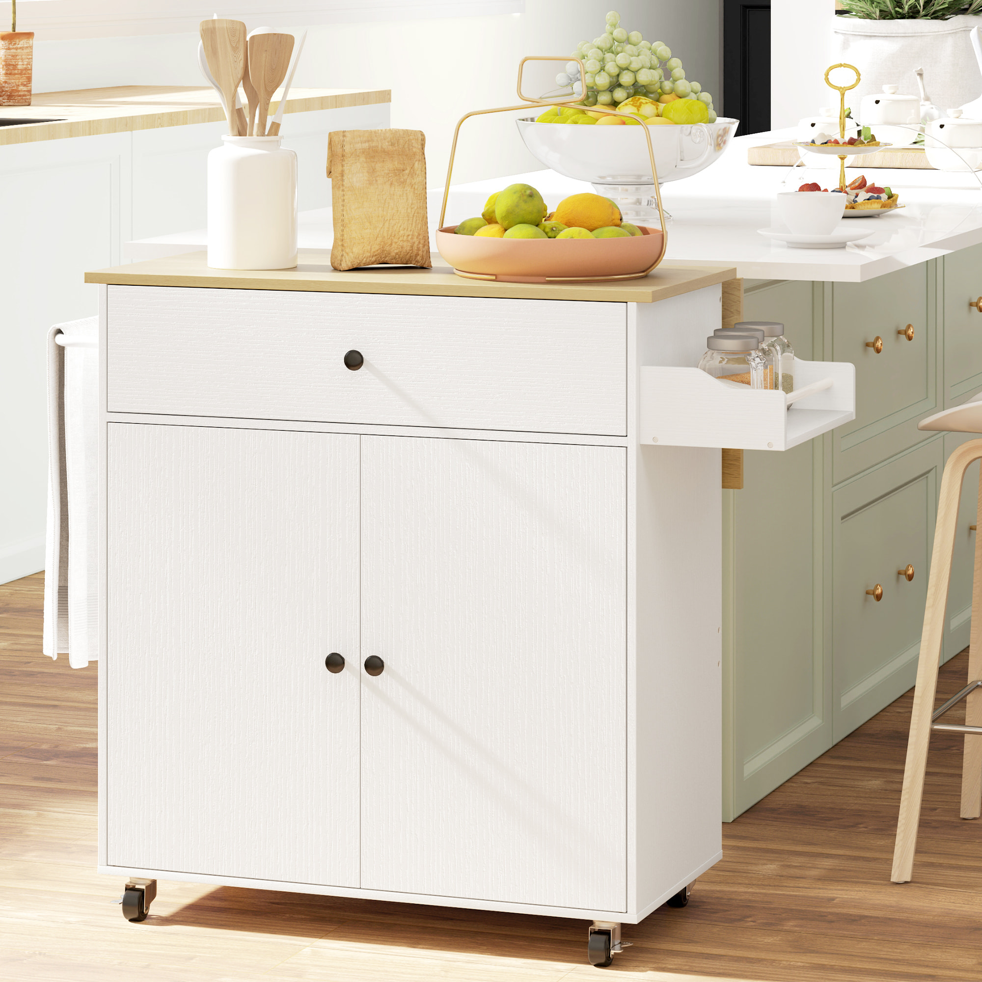 Isla de Cocina con Ala Abatible Carrito de Cocina Mueble Auxiliar de Cocina con Ruedas 2 Puertas Cajón Especiero Toallero y Estante Ajustable 106x42x87 cm Blanco y Roble