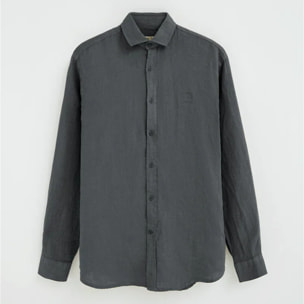 Camicia grigio pietra in lino regular fit con toppa Polo Club