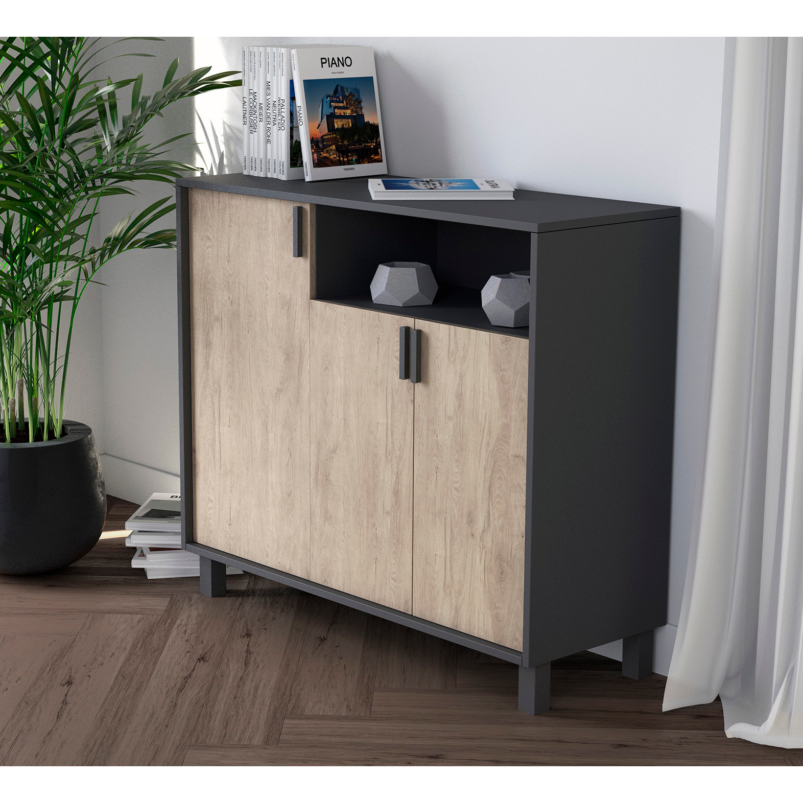 Zapatero Dyrnes melamina grafito puertas roble claro 88x100x37 cm