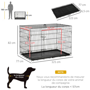 Cage de transport pour chien pliable - 2 portes verrouillables - plateau amovible - dim. 121L x 77l x 82H cm - acier ABS noir