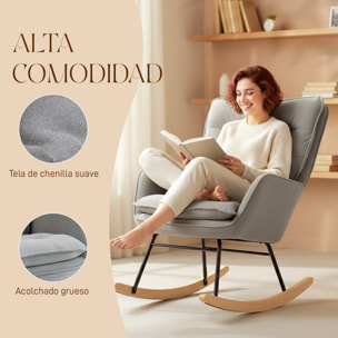 Silla Mecedora Moderna, Mecedora Tapizada en Chenilla, Sillón de Lactancia con Respaldo Ancho, Acolchado Grueso, Patas de Madera, Reposabrazos, para Dormitorio, Salón, Gris Claro