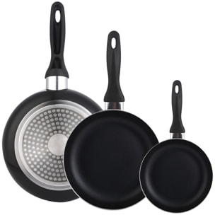 set de batería de cocina de 8pc en acero inoxidable + 3 sartenes ø16ø20ø24cm negro en aluminio prensado