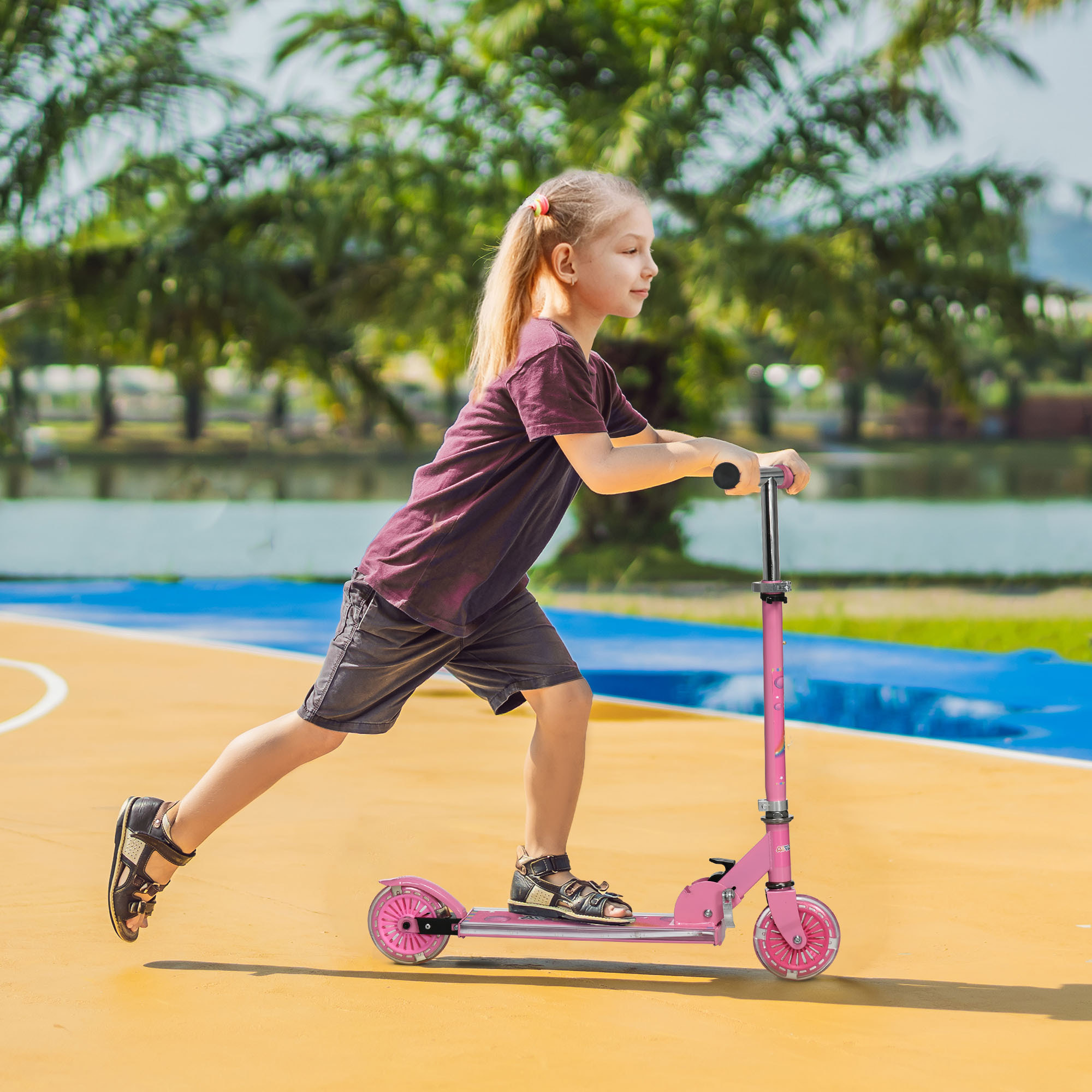 Patinete para Niños Plegable Patinete Infantil con Luces Música 4 Altura Ajustable Ruedas Brillantes Pedal LED para 3-7 Años Carga 50 kg 67x32x65-78 cm Rosa