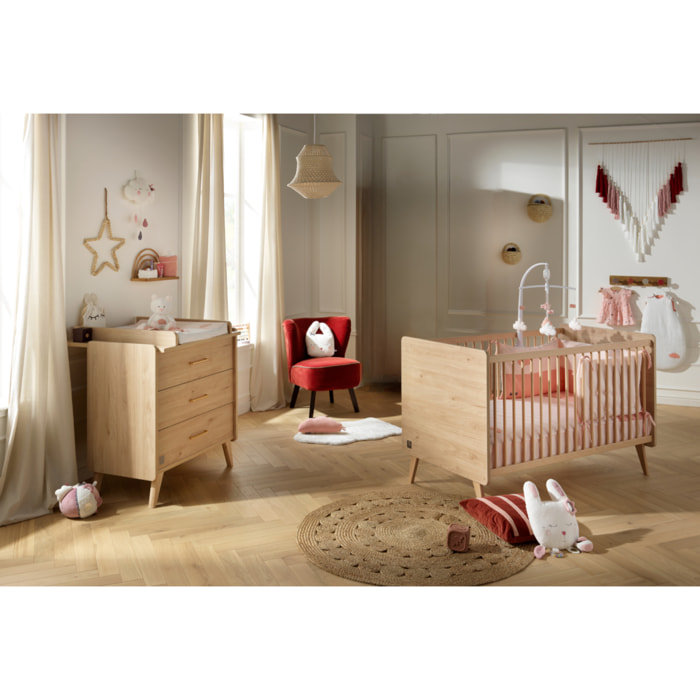 Chambre bébé évolutive Arty, Lit 140x70 et Commode à langer - Chêne suave