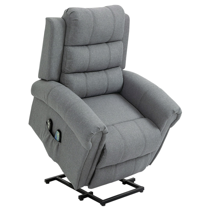 Sillón Relax Reclinable Eléctrico Levanta Personas, con Masaje Vibratorio y Calor, Sillón Elevador, con Control Remoto, Reposapiés, Tapizado en Lino, Bolsillos Laterales, Gris
