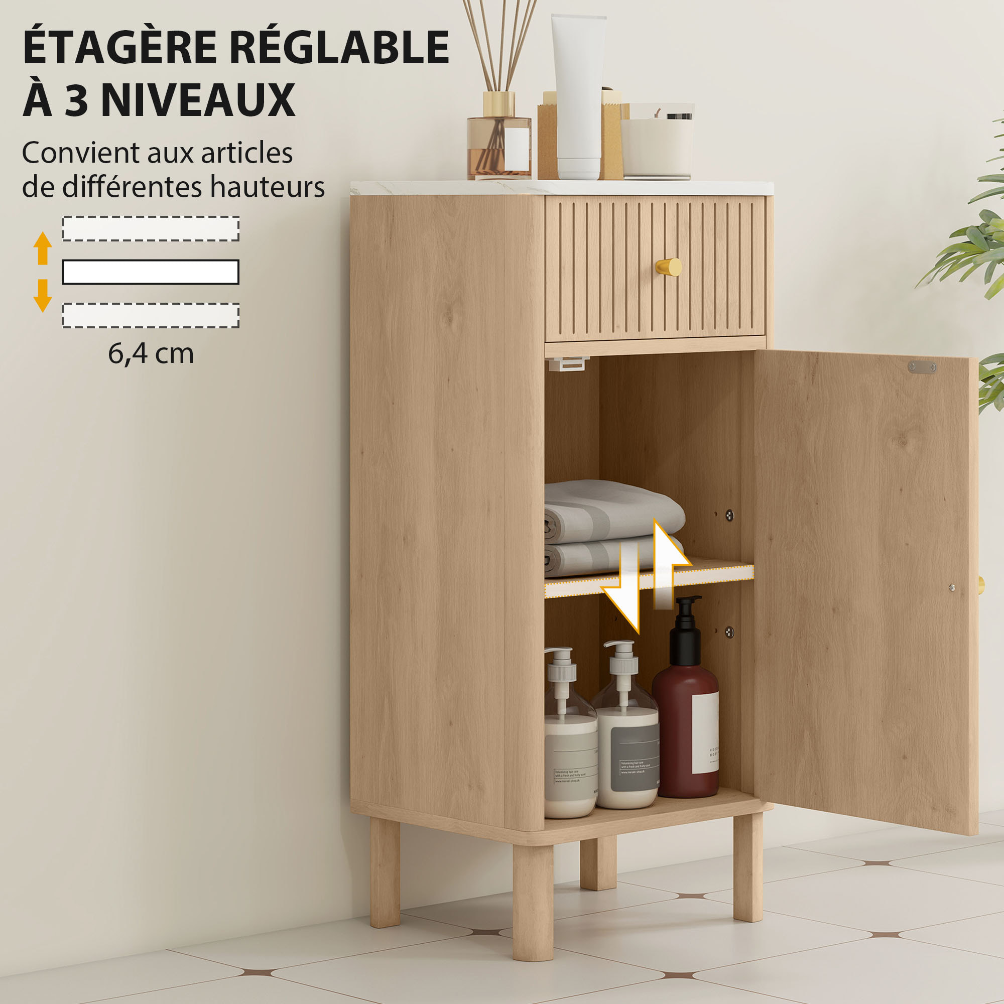 Meuble bas salle de bain style bois naturel plateau effet marbre blanc porte étagère tiroir