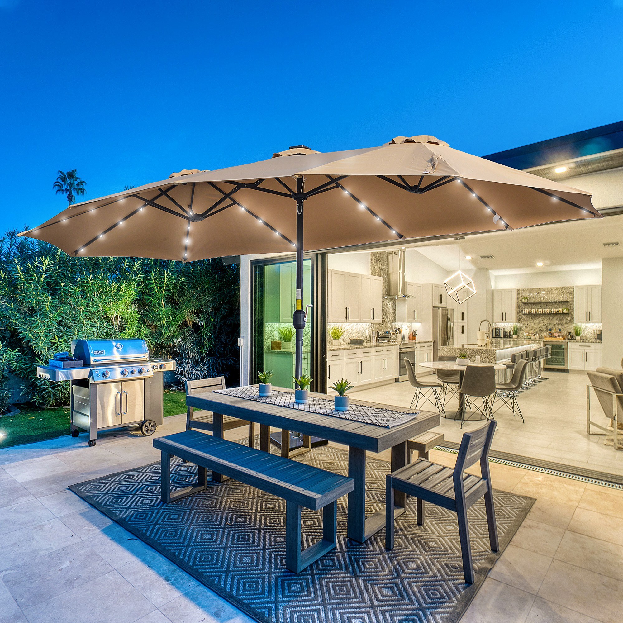 Sombrilla Doble de Jardín con 48 Luces LED Solar 450x265x240 cm Parasol Grande de Exterior con Manivela Protección Solar para Terraza Balcón Piscina Caqui