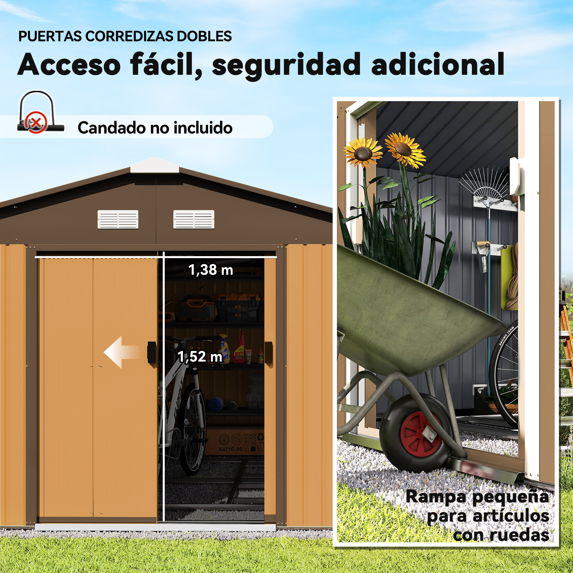 Caseta de Jardín Exterior, 12,4 m² 340x386x200 cm Cobertizo de Jardín Exterior Metálico con Puerta Corredera Base Refuerzo (Suelo NO Incluido) y Ventanas Ocre Oscuro