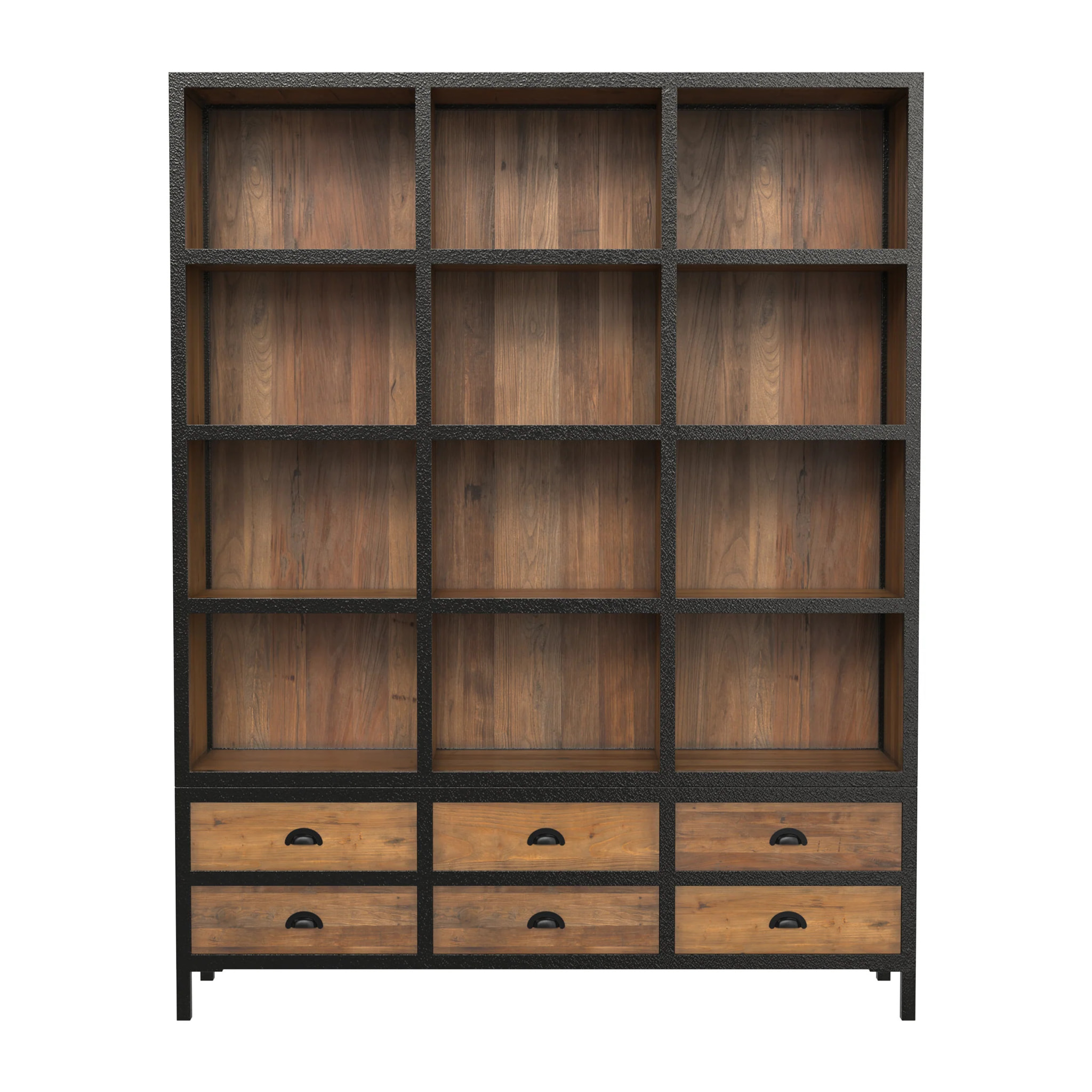 Bibliothèque 6 tiroirs 12 niches en métal et bois de cèdre - Shelby