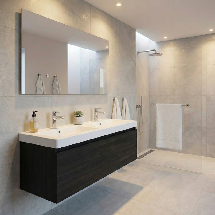 Lavabo double Pavia en marbre coulé blanc 120×49×5 cm – 2 trous pour la robinetterie, avec trop-plein (PA12049)