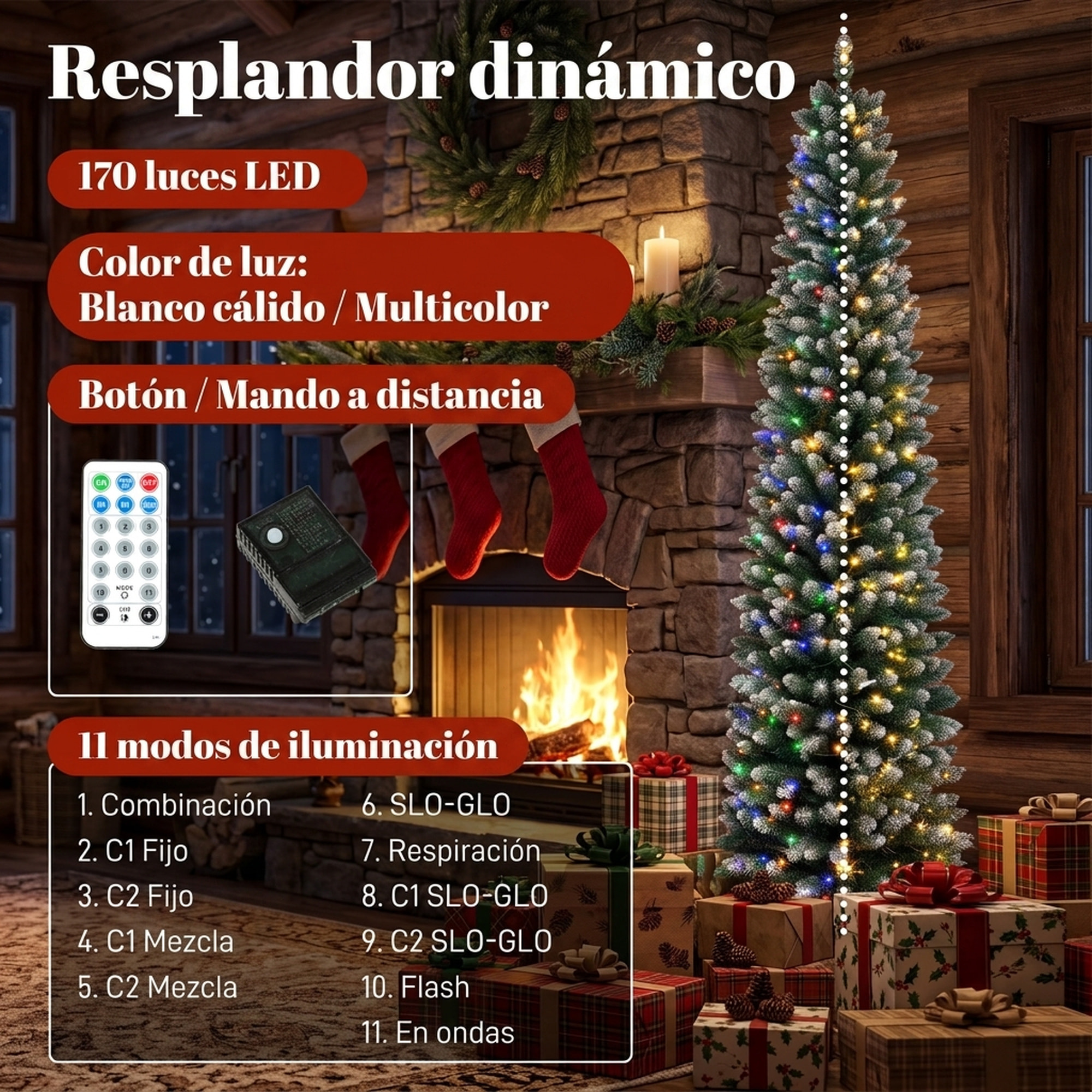 Árbol de Navidad Estrecho con 170 Luces LED Bicolor, 180 cm, Árbol de Navidad de Abeto Nevado, 351 Ramas Ignífugas, 11 Modos, Mando a Distancia, Estructura de Acero, Verde y Blanco