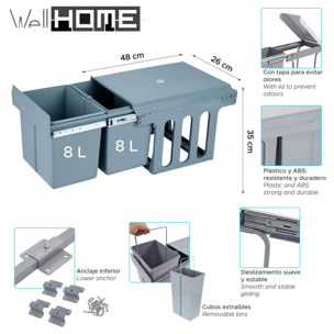 Contenedor de reciclaje para mueble de cocina, cubos de basura bajo fregadero, fijación inferior y extracción manual, cubos extraíbles, con tapa