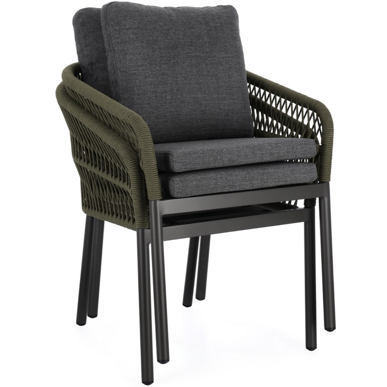 Set di 4 poltroncine GALDANA in alluminio antracite con intreccio in corda verde, con braccioli