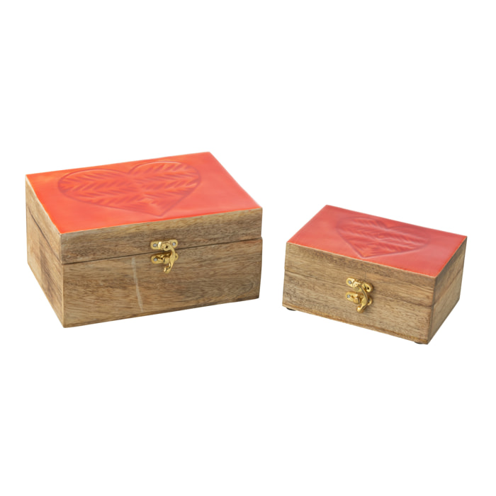 J-Line Set 2 Boite Coeur Bois De Manguier Rouge