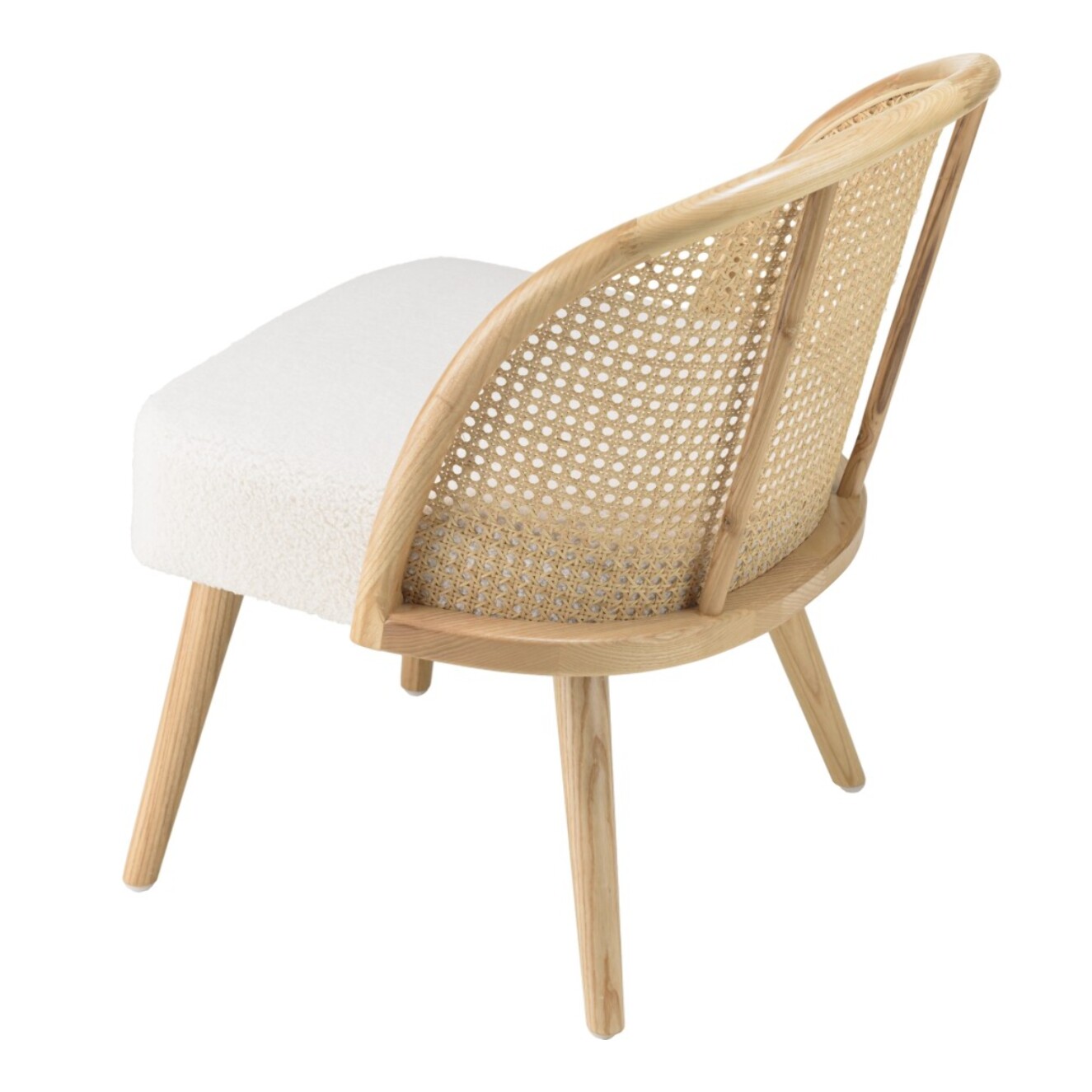 AGATHE- Chaise basse Hévéa assise tissu bouclette blanc dossier rotin