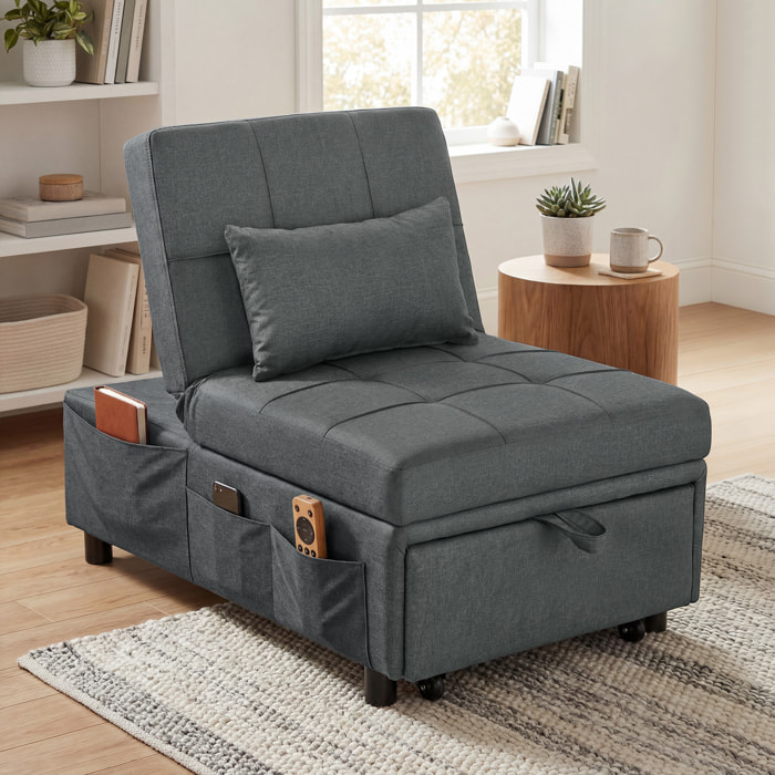 Chauffeuse fauteuil convertible inclinable réglable tissu effet capitonné gris