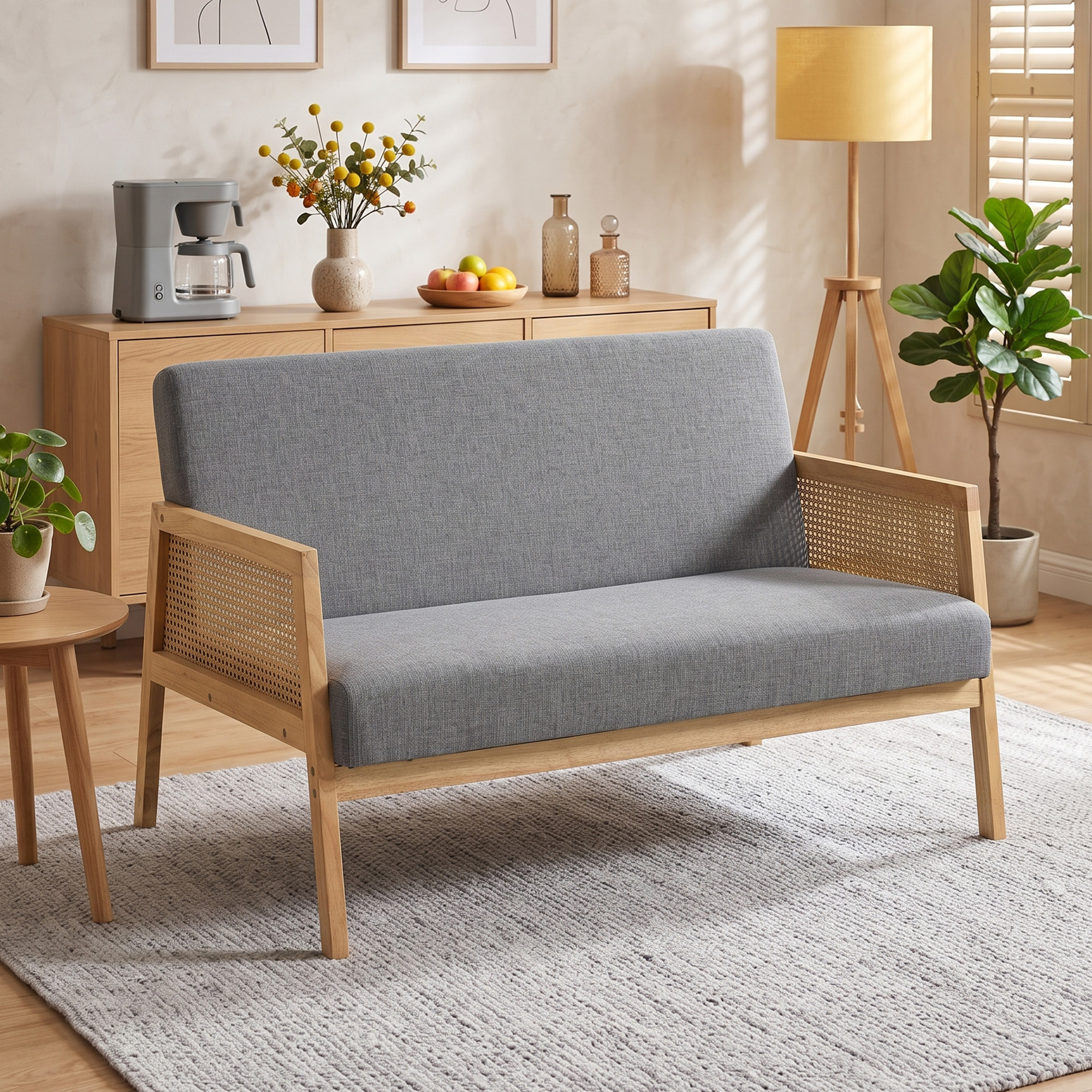 HOMCOM Sofá de 2 Plazas Tapizado en Lino Sintético con Detalles Ratán Sintético, Sofá Compacto Moderno con Estructura de Madera de Caucho, Carga 240 kg para Dormitorio, Salón, 115x77x77 cm, Gris Claro