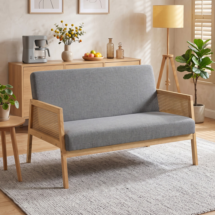 HOMCOM Sofá de 2 Plazas Tapizado en Lino Sintético con Detalles Ratán Sintético, Sofá Compacto Moderno con Estructura de Madera de Caucho, Carga 240 kg para Dormitorio, Salón, 115x77x77 cm, Gris Claro