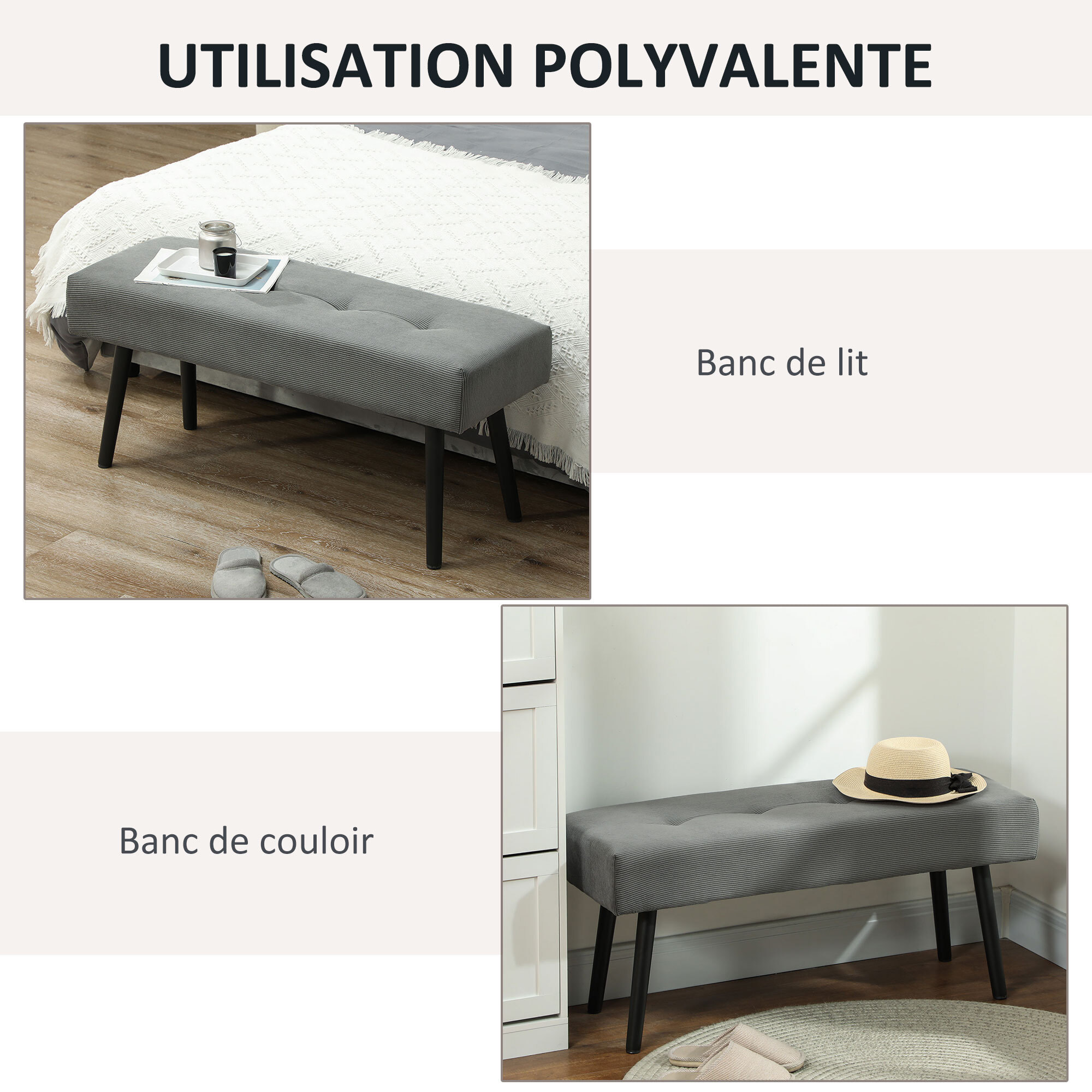 Banquette bout de lit velours côtelé design dim. 100 x 36 x 45 cm acier noir tissu gris