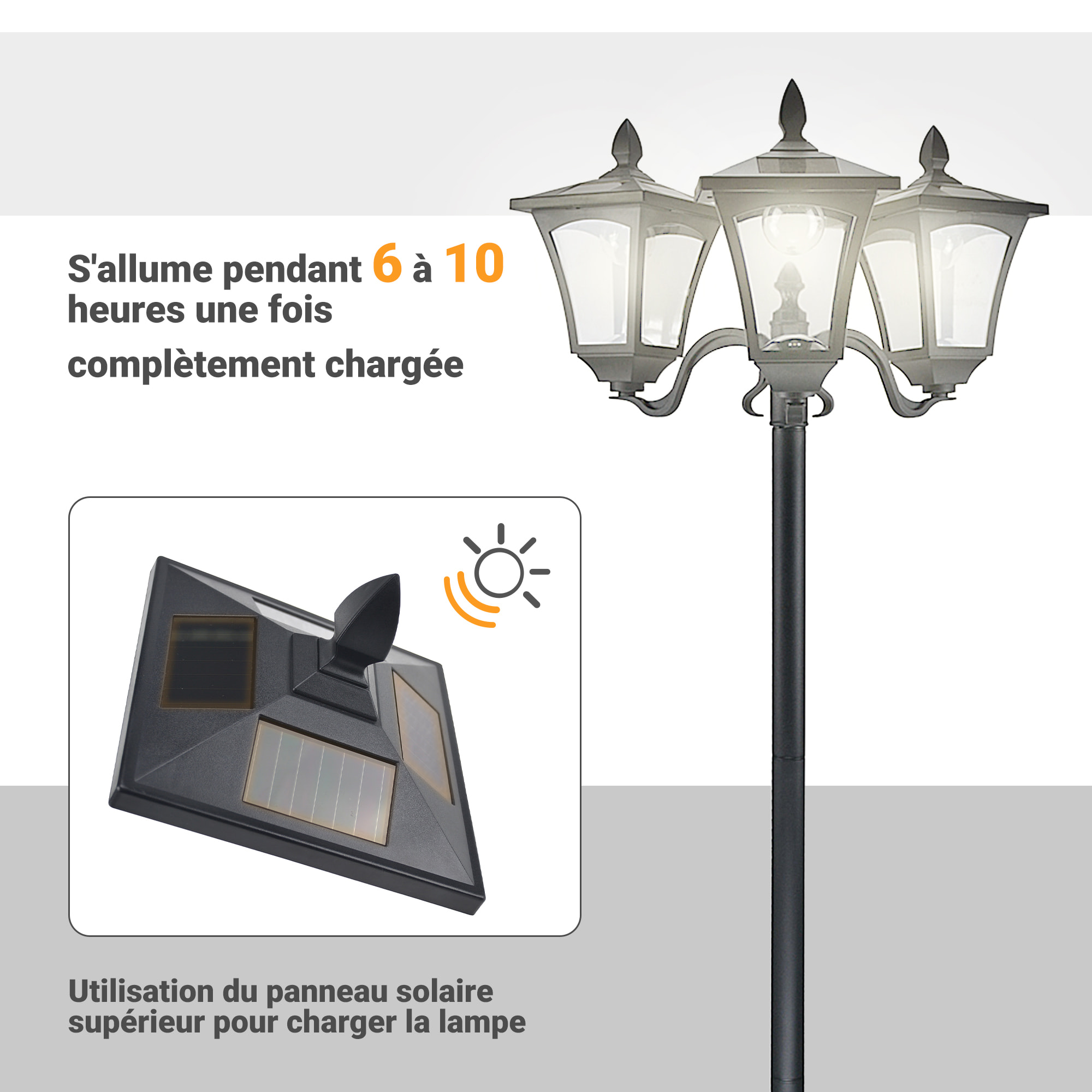 Lampadaire de jardin luminaire extérieur solaire LED 3 têtes 120 Lm dim. 51,5L x 47l x 182,5H cm acier inox. plastique noir