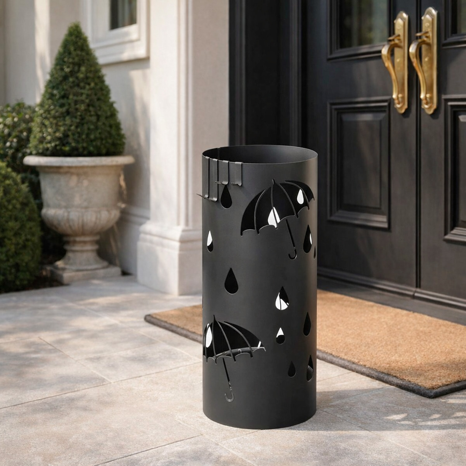 Portaombrelli Rotondo In Acciaio Zincato Con Vaschetta Scolapioggia E 4 Ganci Removibili Base Antiscivolo Design Moderno Ingresso 41 x 17 Cm Nero