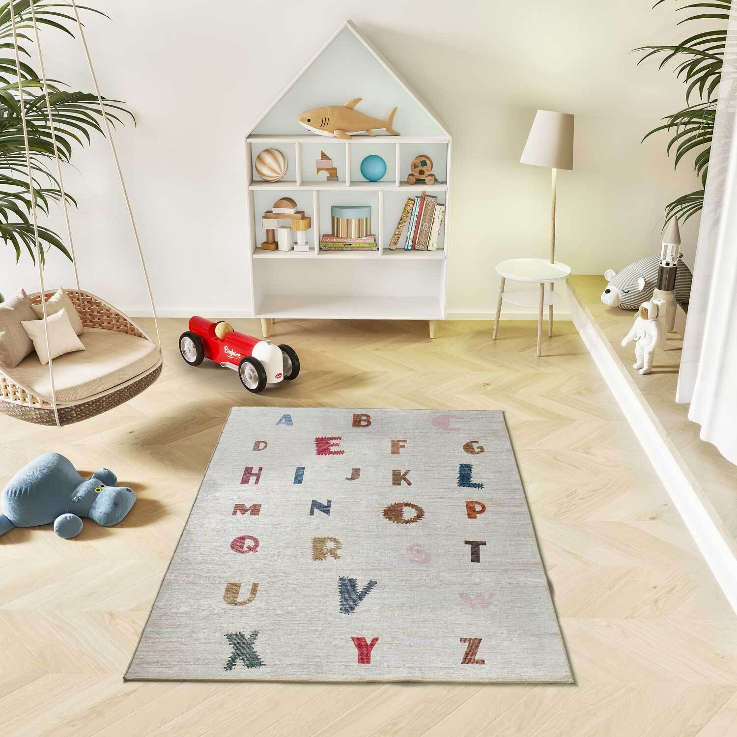 CANDY Alfombra infantil lavable con abecedario multicolor, 120x170 cm