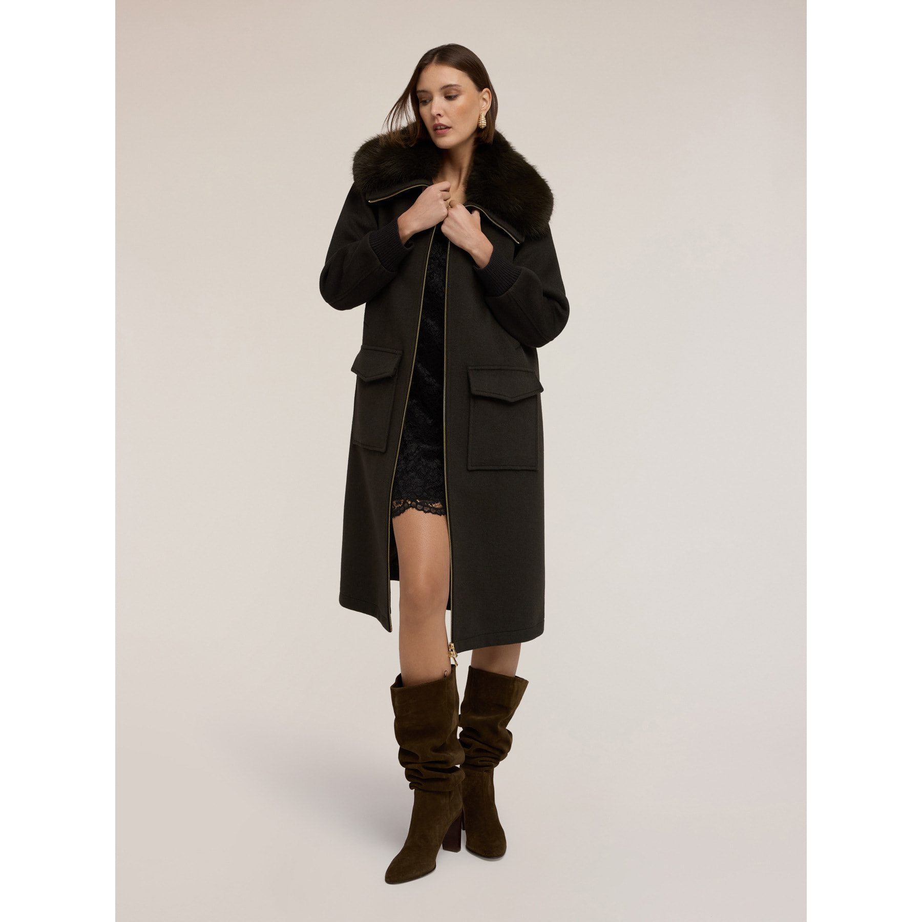 Motivi - Cappotto misto lana con collo removibile - Verde militare