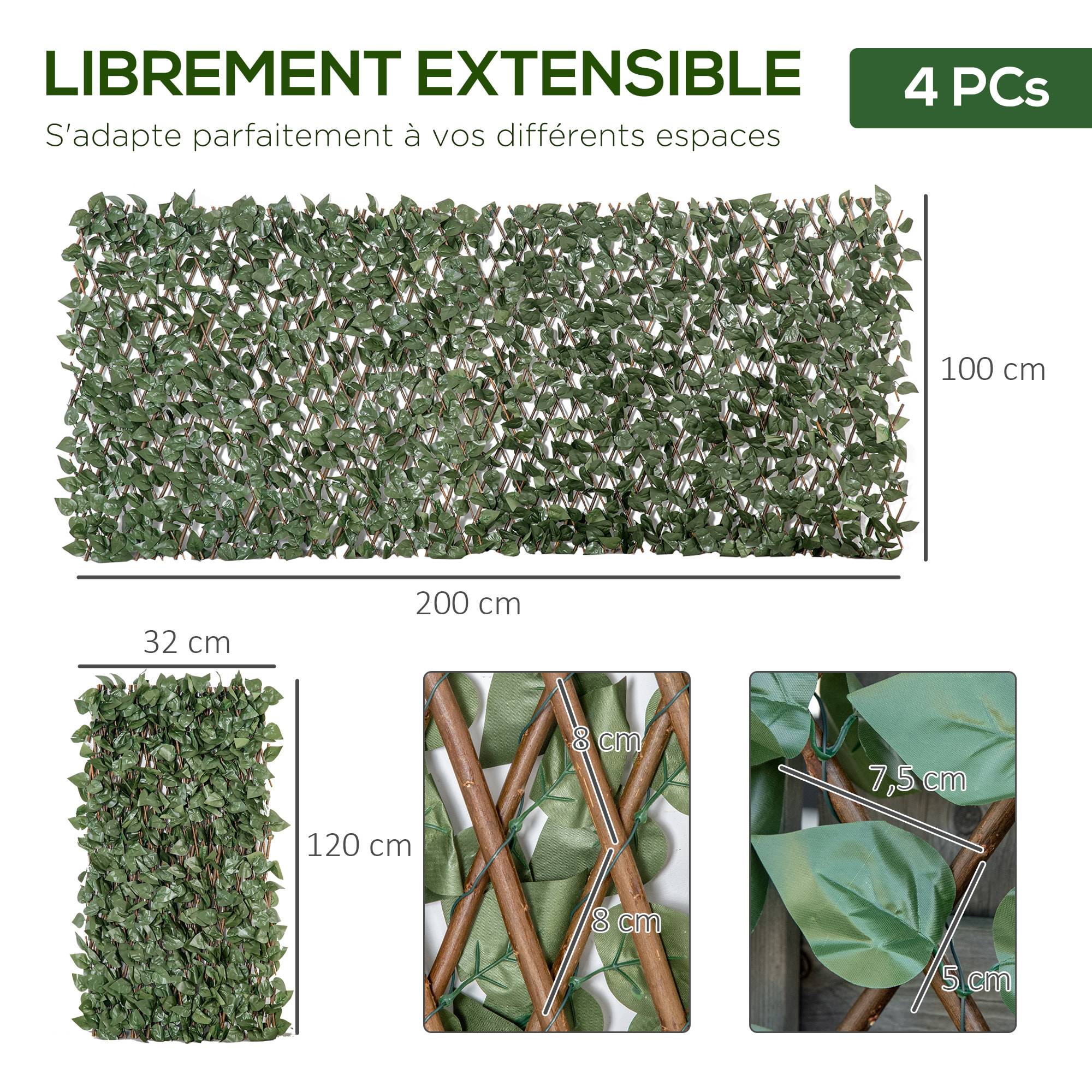 Haie artificielle 4 pièces feuilles de lierre polyester osier vert