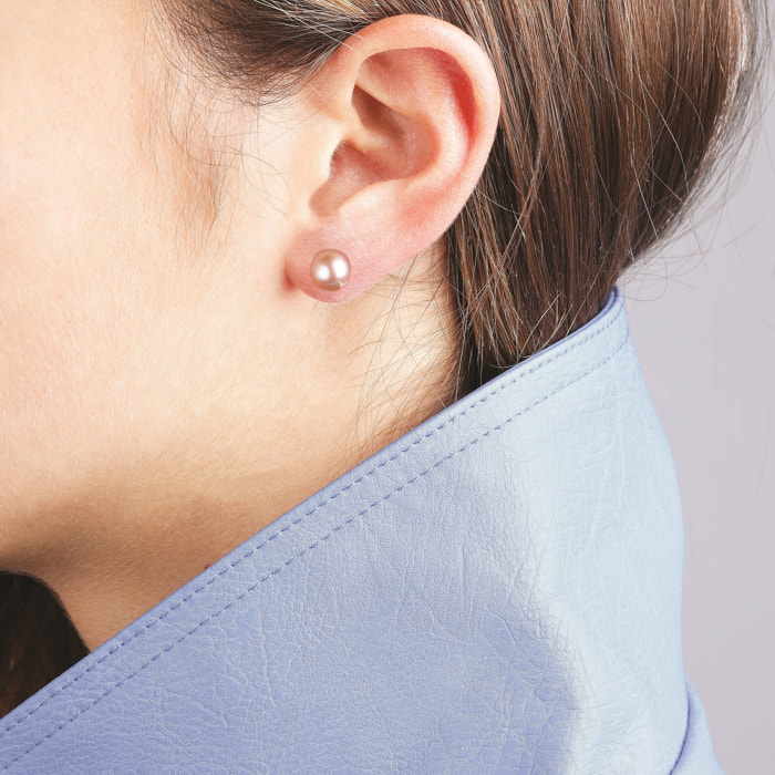 PERLAVIVA - Orecchini a Bottone in Argento placcato Platino con Perle d'Acqua Dolce Rosa Ø 9/9.5 mm