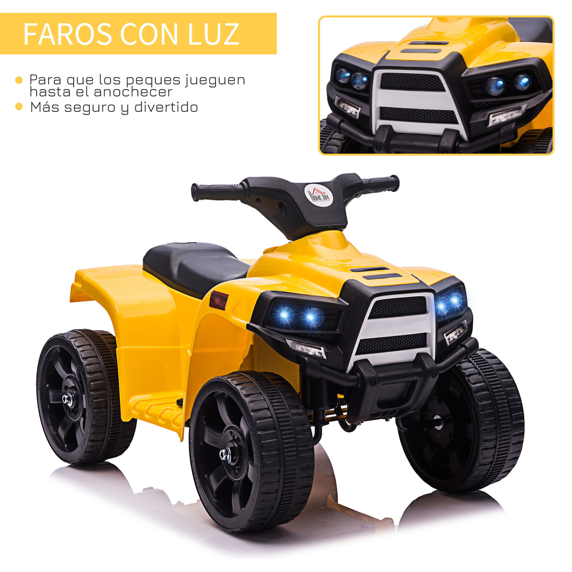 Quad Eléctrico para Niños 18-36 Meses Cuatrimoto Infantil a Batería 6V con Faros Bocina Velocidad 0-3 km/h Avance y Retroceso 65x40x43 cm Amarillo