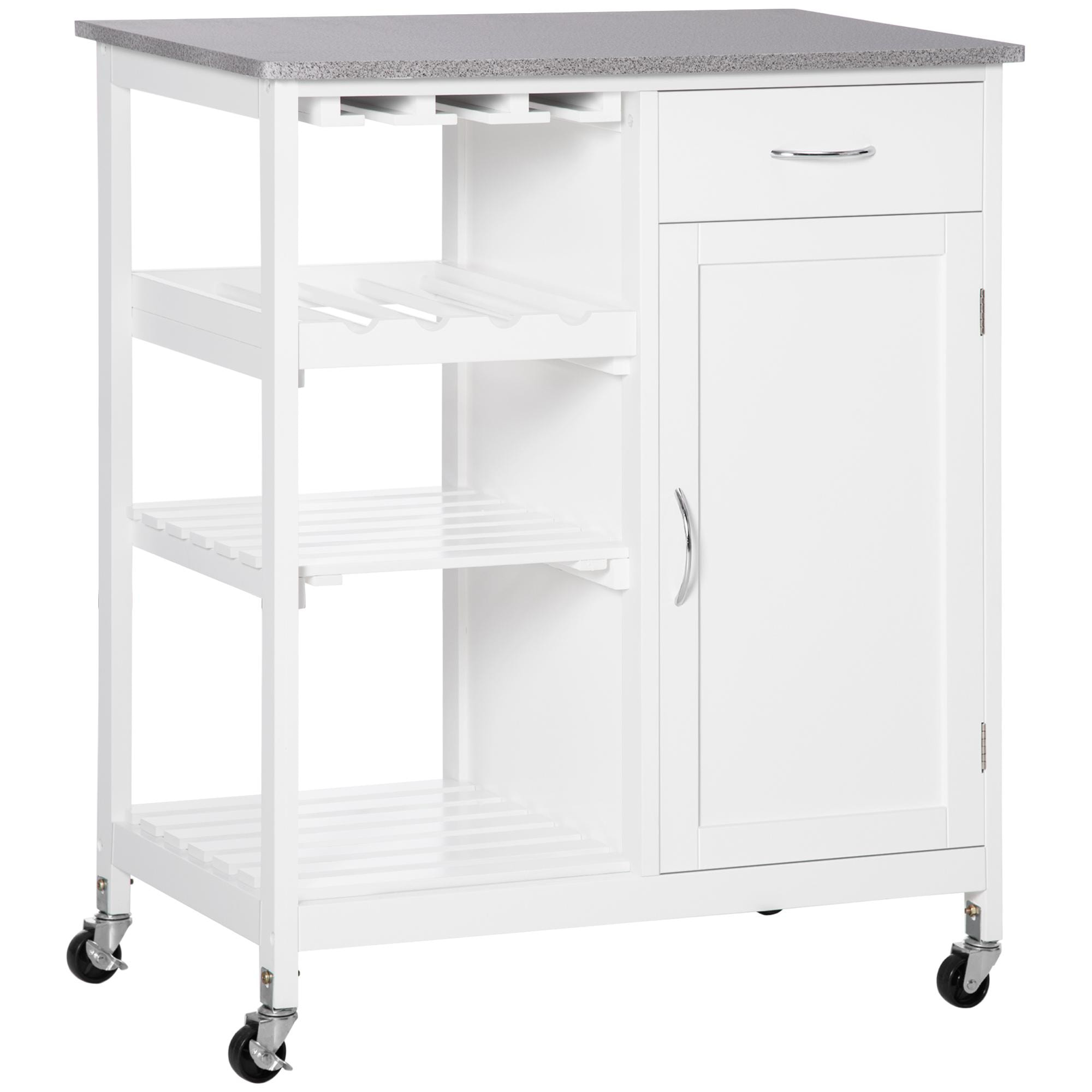 Carro de Cocina con Ruedas Carrito de Servicio con 1 Cajón Estantes Extraíbles Botellero para 4 Botellas y Armario para Comedor Salón Carga 40 kg 76x48x88 cm Blanco