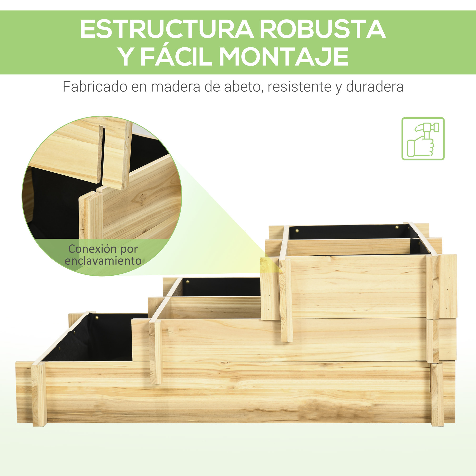 Jardinera de Madera Arriate de Jardín de 3 Niveles con Diseño de Escalera y Tela no Tejida para Cultivos Plantas Flores para Terraza Jardín 93x93x35 cm Natural