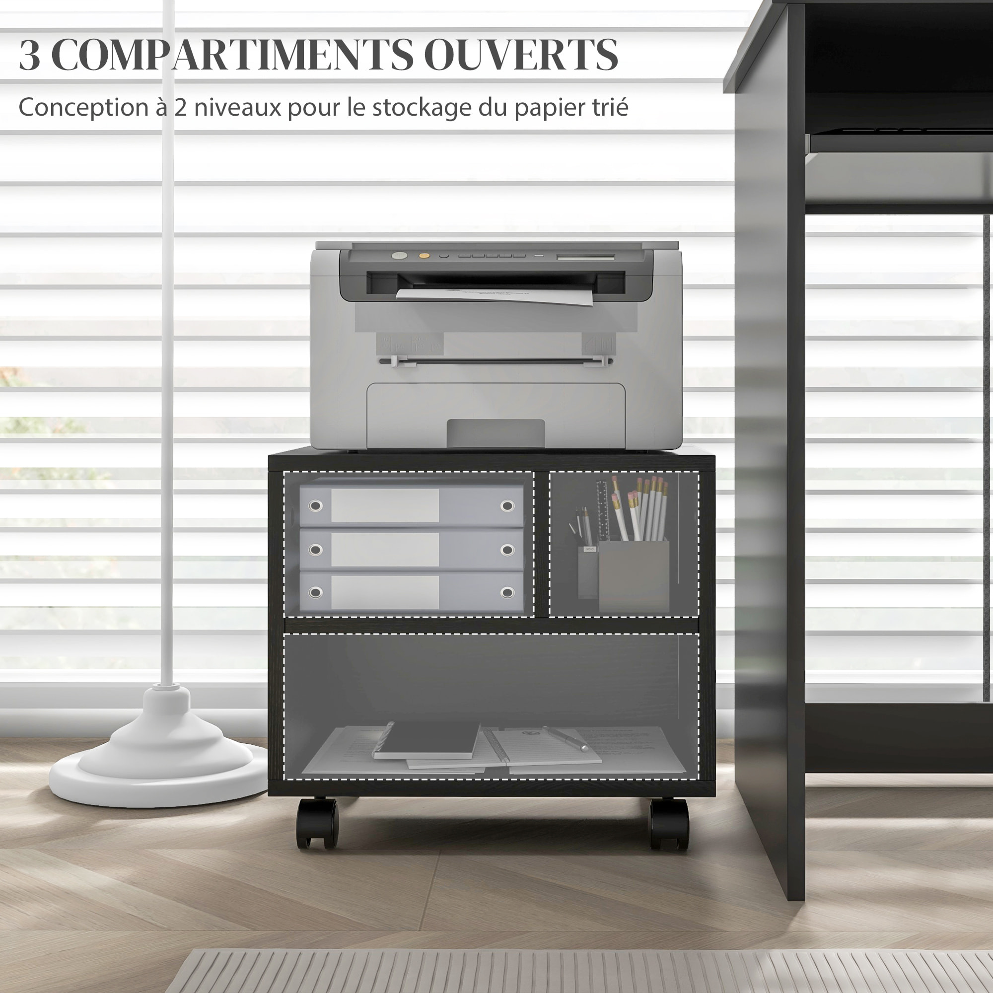 Support d'imprimante caisson de bureau 3 niches - dim. 40L x 30l x 36H cm - panneaux noir