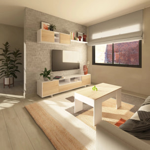Salón con mueble de TV y estantería en blanco brillo y roble canadian 200 cm Kenzo Blanco Brillo - Roble Canadian