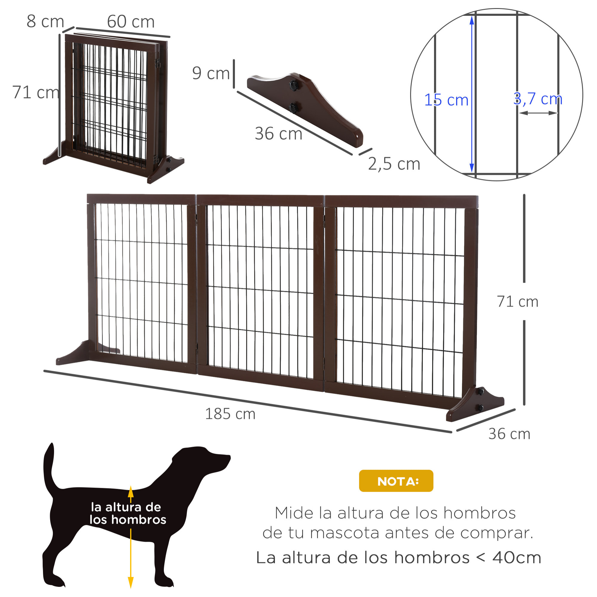 Barrera para Perros de 3 Paneles Barrera de Seguridad para Perros con Estructura de Madera y Patas de Apoyo para Pasillo Escalera 185x36x71 cm Marrón